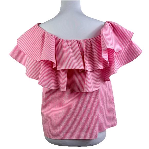 Lilly Pulitzer Seersucker Trixie One Shoulder Ruffle Top XS Pink & White Stripe - Picture 7 of 14